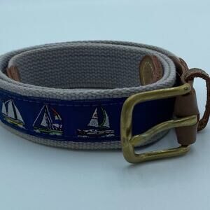 Vintage Belt Men’s Brass Buckle Leather Ends Nautical Boat Print 42” long